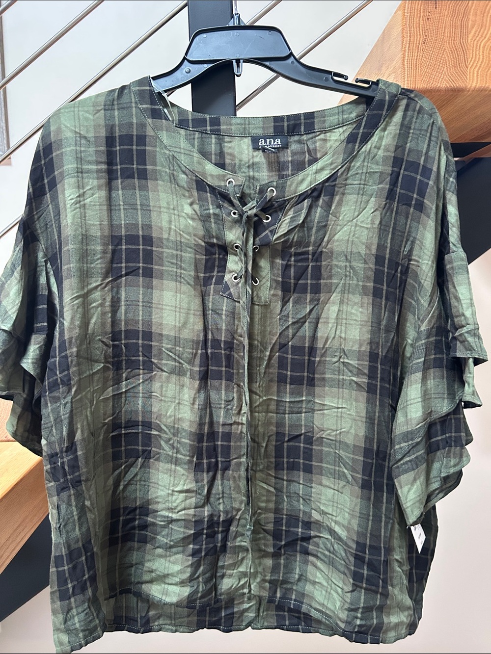a.n.a Green & Black Plaid Lace-Up Tunic Top olive plaid